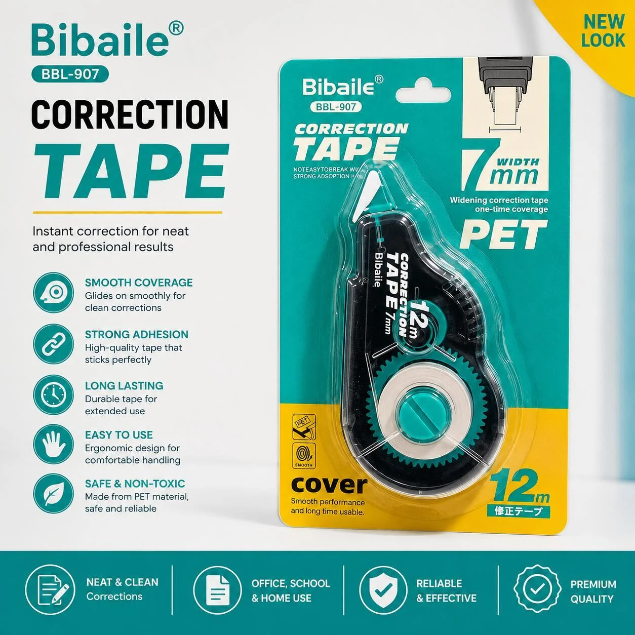 شريط تصحيح Bibaile BBL-907 مقاس 7 مم × 12 متر – أسود وفيروزي رقم.26329
