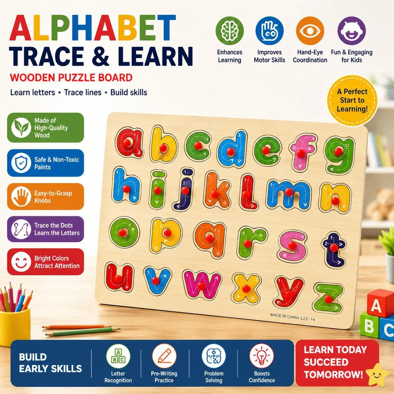لوحة أحجية خشبية لتتبع وتعلم الحروف الإنجليزية رقم.26119