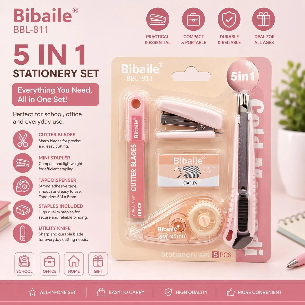 طقم قرطاسية Bibaile BBL-811 ‏5 في 1 – وردي رقم.26315
