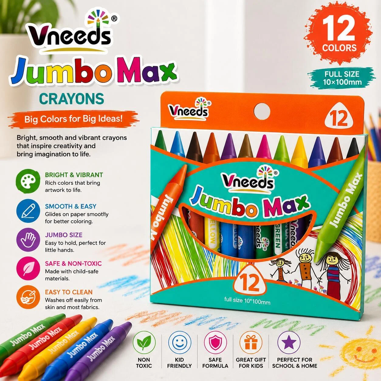 ألوان شمعية فينيدز جامبو ماكس – 12 لون V-1019 Size-10-100mm رقم.26049