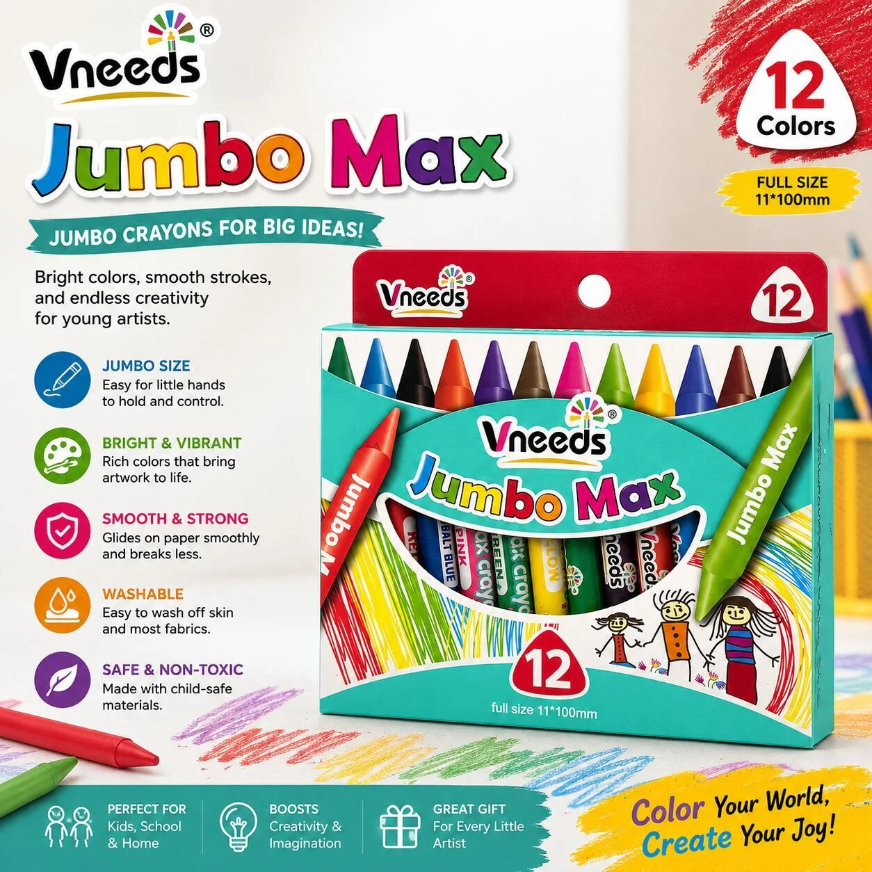 ألوان شمعية فينيدز جامبو ماكس – 12 لون V-1019 Size-11*100MM رقم.26047